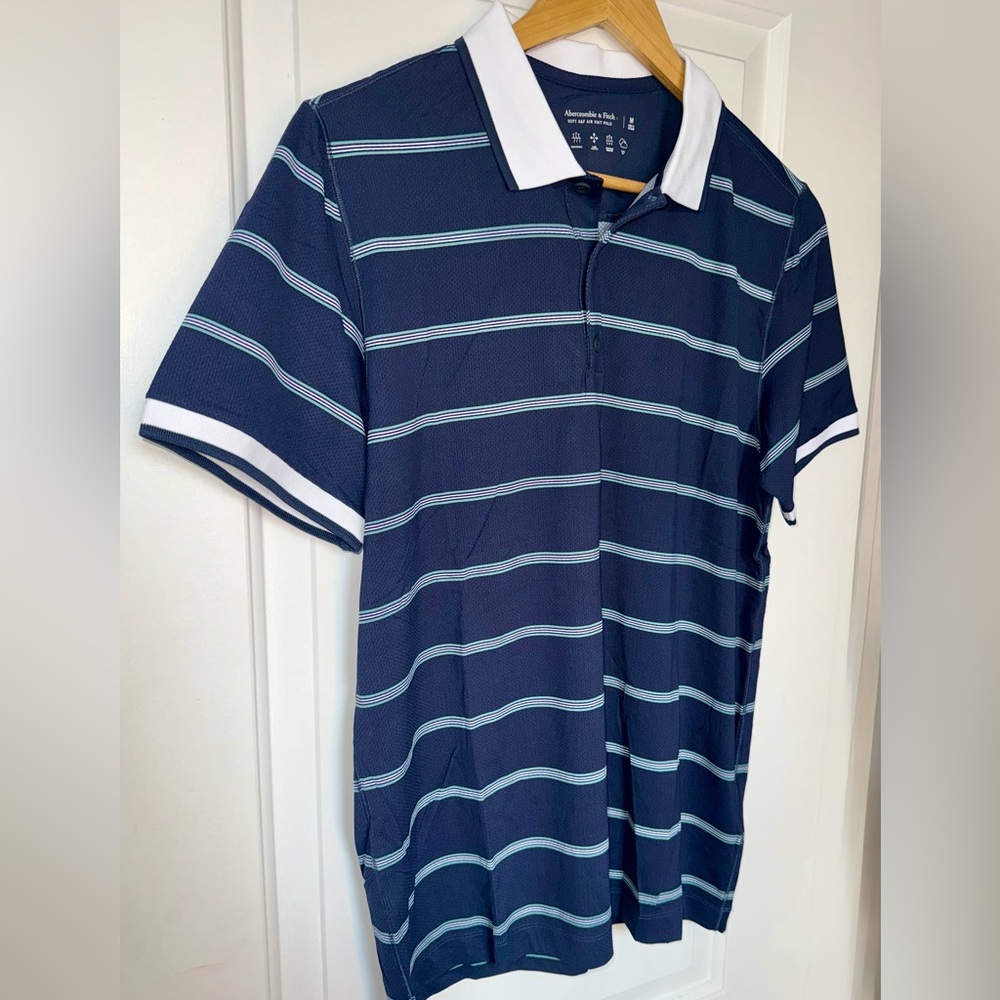 Abercrombie & Fitch Soft A&F Navy Striped Air Knit Polo - Picture 5 of 8